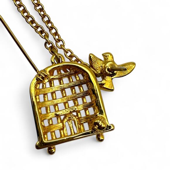 Vintage MONET Bird with Cage Brooch Gold Tone Chain Pin Signed - Picture 2 of 7